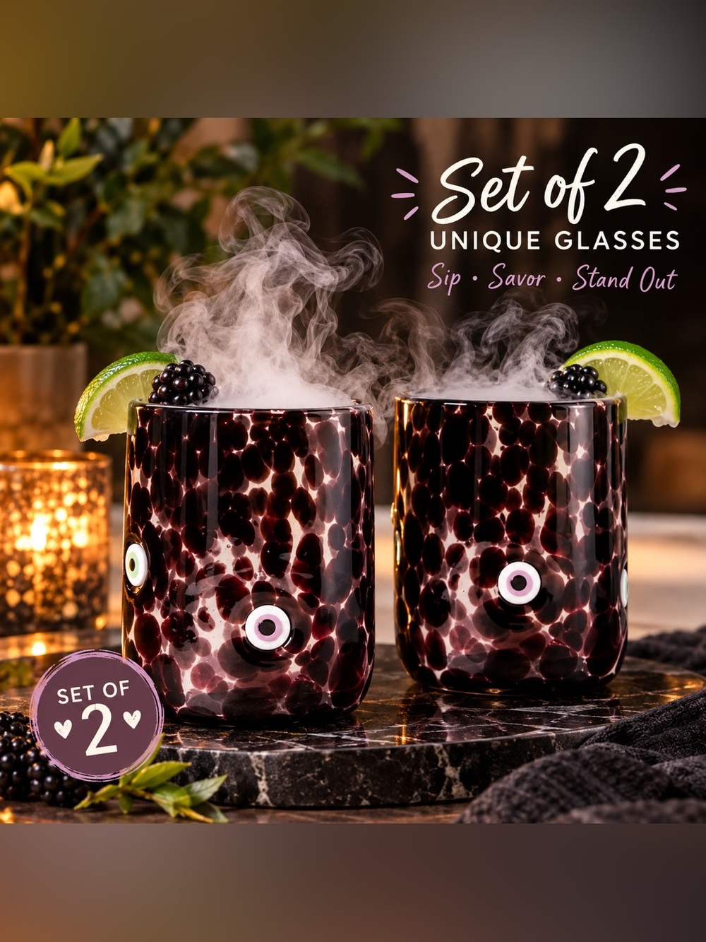 NEW SET OF 2 Anthropologie Halloween Juice Glass Eyeball Mystic Icon Tumbler 17o